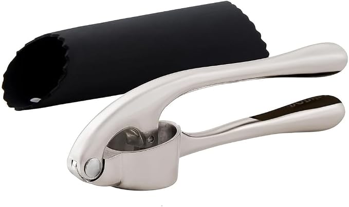 Kitchen Garlic Press, Rust Proof & Dishwasher Safe Garlic Mincer, Durable Garlic Crusher Set with Peeler＆Brush, Easy to Clean and Squeeze, Matte