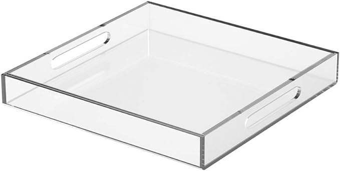 NIUBEE Clear Serving Tray 15x15 Inches - Acrylic Tray Organizer with Handle | Spill-Proof tray for Coffee Table, Ottoman | Decorative Tray for Breakfast in Bed, Drink Serving & Home Organization