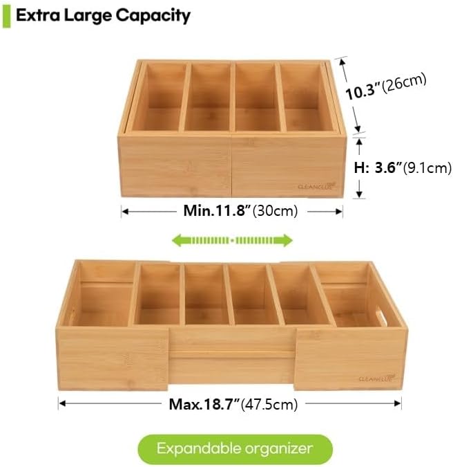 Expandable Bamboo Kitchen Cabinet Organizer for Food Container Lids Holder | Adjustable drawer organizer with 3 dividers for food container lids, bamboo lid organizer for kitchen cabinet lid storage