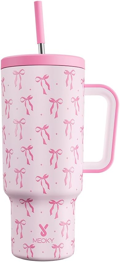 Meoky 40 oz Tumbler with Handle and Straw: Stainless Steel Insulated Tumbler with Lid and Straw - 100% Leak Proof Tumbler for Car Cup Holders - Travelers Commuters Workers, Bow