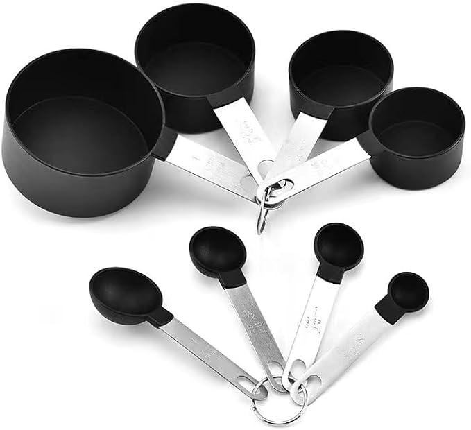 RUNZI 8 Pcs Measuring Cups and Spoons Set, Stackable Black Measuring Spoons for Measuring Dry and Liquid Ingredients Small Teaspoon with Plastic Head,Black