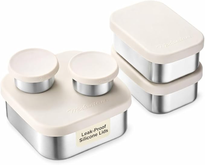 Flexibento - Leak proof Stainless Steel Lunch Box Containers, Sandwich and Snack Containers with Silicone Lids Metal Lunch Box, Bento Box , Set of Five , Vanilla , 1*25 OZ+ 2*13 OZ + 2 *2 OZ