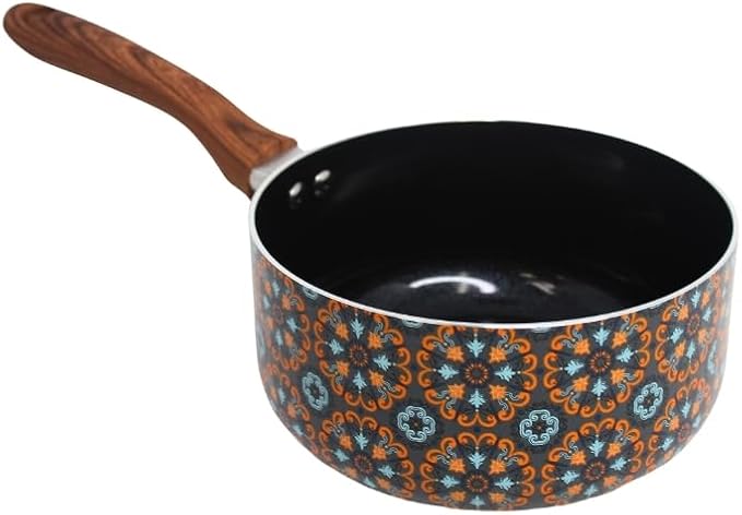 IMUSA 2 Qt Talavera Aluminum Black Ceramic Saucepan with Woodlook Handle | Black Ceramic Nonstick Coating, Woodlook Cool-Touch Handle, Ideal for Mexican Dishes and Sauces, Great for Everyday Meals