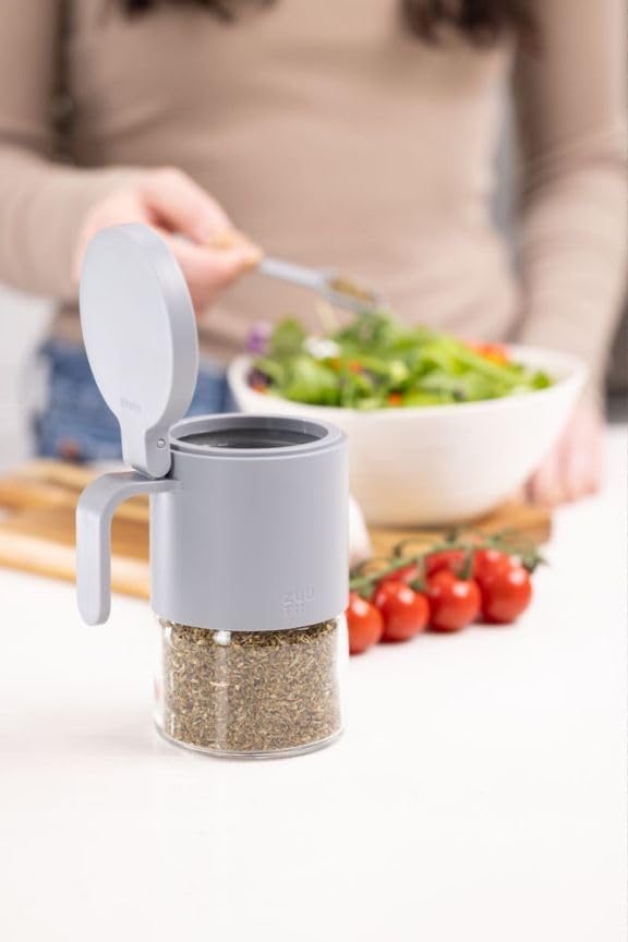 Zuutii Glass Spice Jars Moisture-Proof Containers with Spoons, 10oz Mini Seasoning Storage Jars with Flapper Caps for Salt, Sugar, Peppers, Chili in Kitchen (Light Gray)