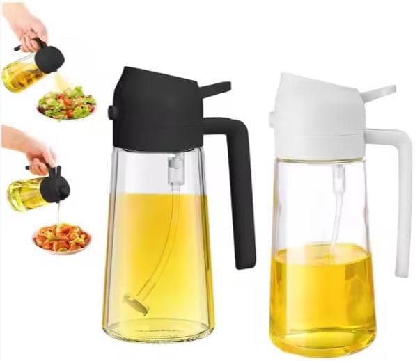 Glass Olive Oil Sprayer 16oz/470ml – 2-in-1 Oil Dispenser & Spray Bottle for Cooking, Portion Control, Salad, Air Fryer, BBQ – Leak-Proof, Fine Mist Bottle with 6 Decorative Labels (Creamy White)