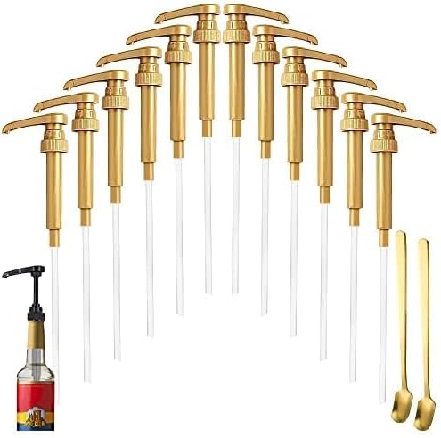 12 Pcs Gold Coffee Syrup Pump Compatible with 25.4Oz/750ml Bottles | Syrup Dispenser Pumps, Great for Home & Coffee Bar, Drinking Mixes, Tea, Beverage, Cocktails, Syrup Bottles, Plus Spoons