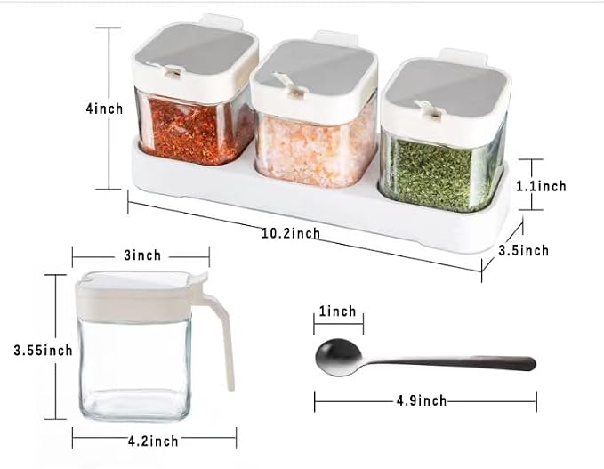 Mlici 3Pcs 8.6oz Glass Condiment Container Jars with Lids and Spoons, White | Clear Salt Sugar Container Set, Seasoning Jars with Spoons, Spice Jars Boxes for Kitchen Counter Organizer, Housewarming Gift