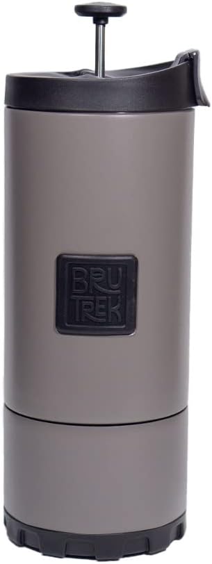 BruTrek | OVRLNDR Travel French Press | 24 fl.oz Drinkable Lid | Grey | Double Wall Insulated, Patented Removable Bottom, Locking No Spill Lid, On The Go Coffee Brewing (Storm Gray)
