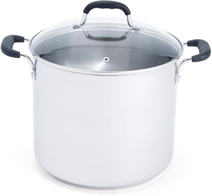 T-fal Specialty Stainless Steel 12 qt Stock Pot with Lid, Induction | 3-ply aluminum core, Silicone handles, Tempered glass vented lid, Oven safe to 350 deg F, Boiling, braising, and soup cooking