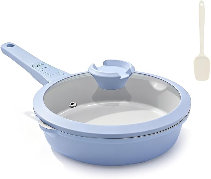 AIKENBBKK 8 Inch Nonstick Deep Frying Pan with Lid, Ceramic Frying Pans, Non Stick Egg Pan Saute Pan, Small Cooking Pans Compatible with All Stovetops, Removable Handle, Oven Safe (Blue)