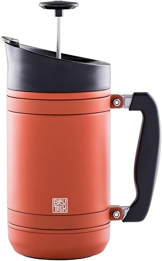 BruTrek by Planetary Design | BaseCamp French Press | 32 fl.oz - Red Rock | Double Wall Insulated Stainless Steel - Bru-Stop Technology, No Grounds in Coffee, No Spill Lid (Red Rock, 32 fl.oz)