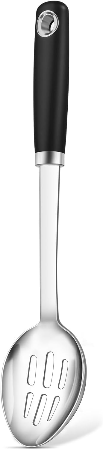Stainless Steel Cooking Spoon, Slotted Metal Serving Spoon, Heavy Duty Sturdy Large Soup Ladle, High Heat Resistant Kitchen Cooking Utensils for Mixing, Stirring, Ergonomic Handle, Easy to Clean