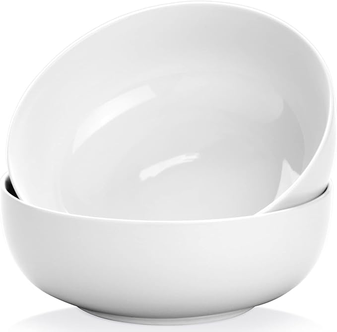 Pasta Serving Bowls 120 Ounce 9.7” Large Serving Bowls, Porcelain Salad Bowls for Kitchen, Big White Soup Bowls, Oven Dishwasher Safe, Set of 2 | Smooth Glaze, Easy-Clean, Stackable, Oven/Microwave/Dishwasher/Freezer Safe, Deep enough for Soup, Fruit, ...