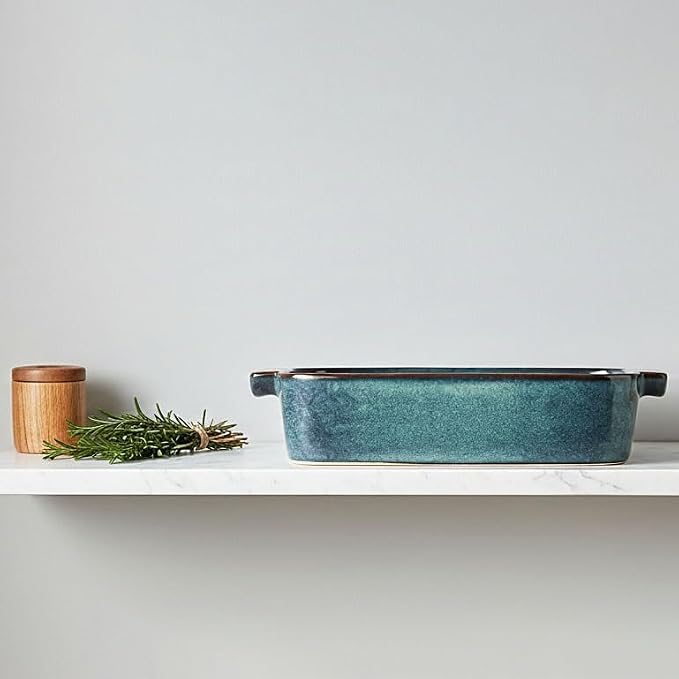 7.1 x 5.9 inch baking pan, 16.9 ounces, rectangular baking pan, ceramic pan, cake pan with handle, suitable for roasting vegetables/meats, lasagna, kitchen, dining room, hazy green.