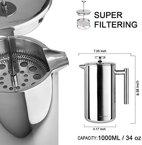 Secura Bundle Stainless Steel French Press Coffee Maker with 6 Replacement Screens, 34 Ounces, Silver
