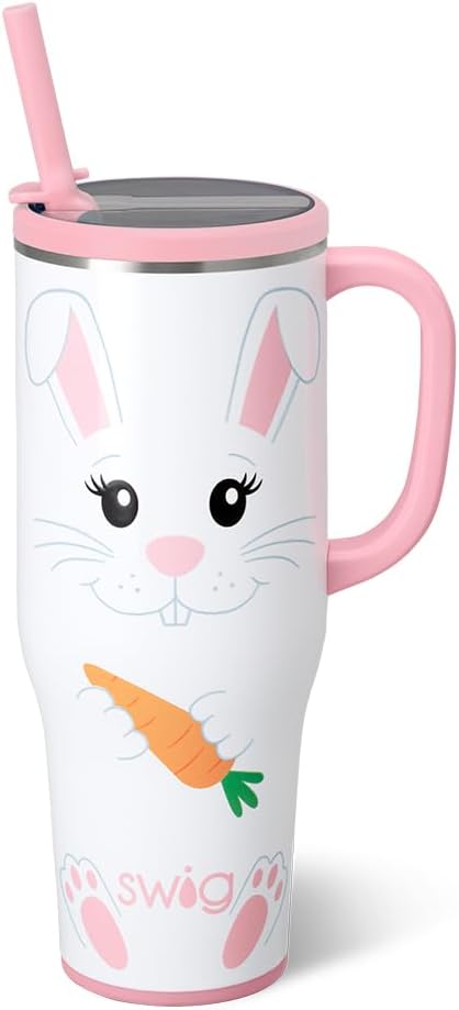 Swig Life 40oz Leakproof Mega Mug with Handle & Straw, Easter Bunny | Leakproof Lid - Triple Insulated Stainless Steel - Handle & Straw Included - Cup Holder Friendly - Dishwasher Safe