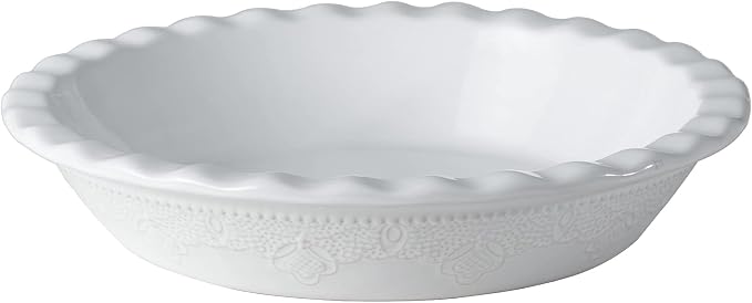 Pie Pan, 9 Inch Ceramic Pie Dish, Deep Dish Pie Pan with Lace Emboss, Ruffled Pie Plate for Baking, Thanksgiving Christmas Gifts(Bright White)