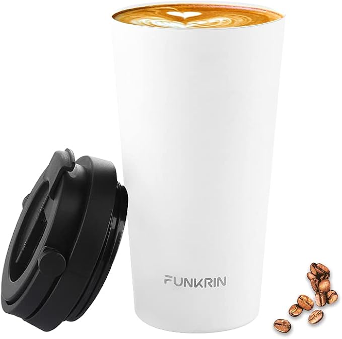 Funkrin Insulated Coffee Mug with Ceramic Coating, 16oz Iced Coffee Tumbler Cup with Flip Lid and Handle, Double Wall Vacuum Leak-Proof Travel Mug for Office School Party Camping