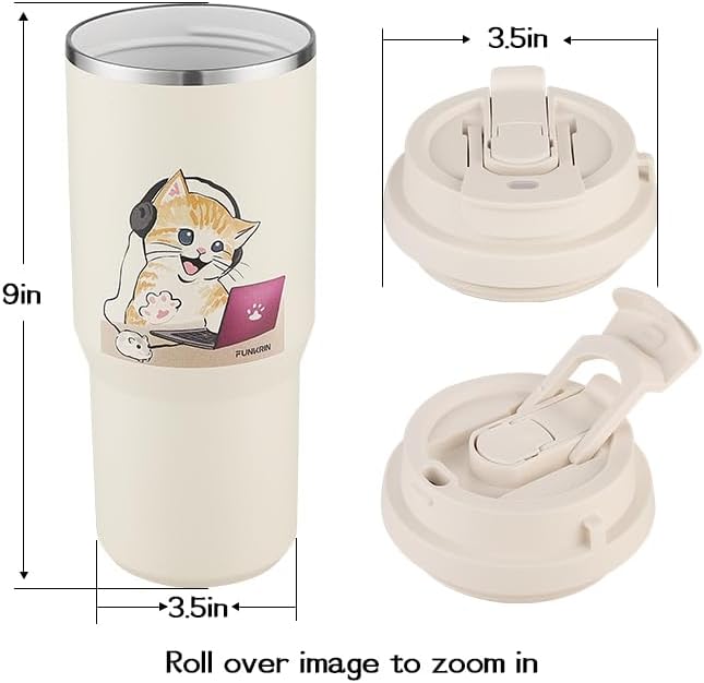 Funkrin Coffee Travel Mug with Flip Lid, 16oz Insulated Tumbler Cup with Ceramic Coating, Double Wall Vacuum Leak-Proof Tumbler for Office School Party Camping