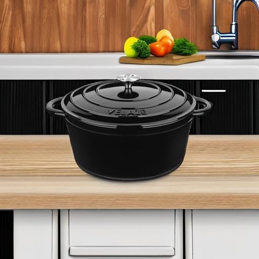 Velaze 7.5 QT Enameled Cast Iron Dutch Oven Pot with Lid,Black | Large Capacity for Cooking,Frying, Stewing,Bread Baking,and Roasting,Oven Safe,Dual Handles,Heavy Duty,Non-Stick Coating
