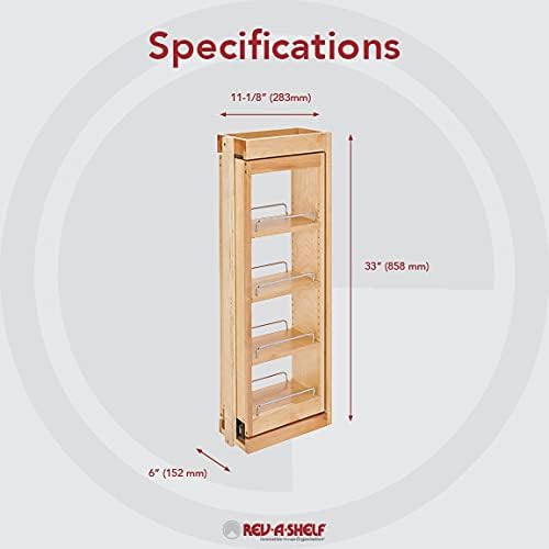 Rev-A-Shelf Kitchen Cabinet Pullout Wall Filler Wooden Organizer Slide Out Pantry Storage w/Soft-Close in Multiple Sizes, 6 x 33 in, 432-WFBBSC33-6C