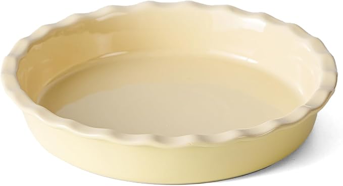 Ceramic Pie Pan for Baking 10 inch, Pie dish for Quiche, Apple Pie, Pot Pies, Deep dish pie plate with ruffled edges, Non-stick Cake Pan, Microwave,Dishwasher,and Oven Safe, Butter Yellow
