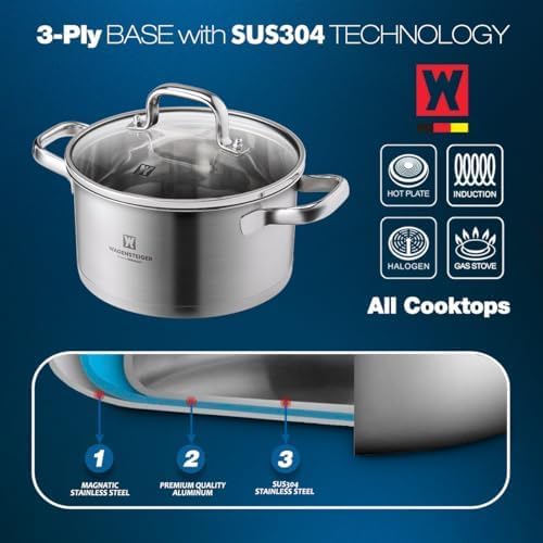 WAGENSTEIGER 2.82 Quart Stainless Steel Stock Pot, 3-Ply Construction with Aluminum Core, Tempered Glass Lid, Compatible with All Cooktops BPA free(7.68" Diameter)