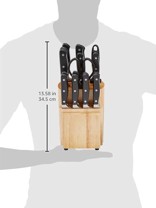 Amazon Basics 18-Piece Premium High-Carbon Stainless Steel Kitchen Knife Set with Built-in Sharpener, Ergonomic Handles, Pine Wood Block, Black