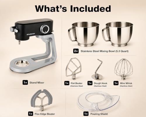 Stand Mixer Powerful DC Motor with Dual Bowl 5.3 QT, Heavy Duty Dough Mixer with 4 Stainless Steel Attachments, Multifuncational Powerhub & 8 Speed Control & Timer