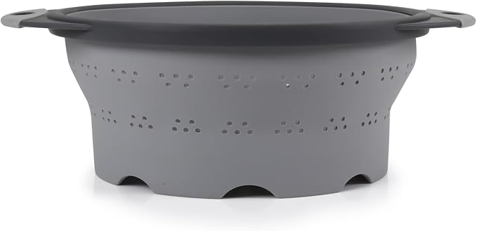 Dexas 10" Collapsible Silicone Colander in Cool Grey, Kitchen Strainer with Handles, 15.1 Cup Capacity | BPA-Free, Heat-Resistant, Space-Saving Kitchen Tool