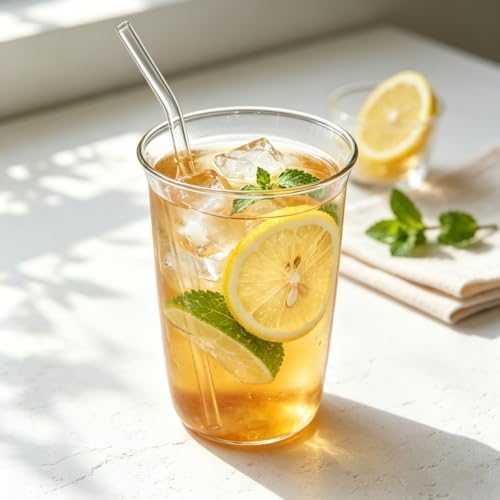 6 Pieces Drinking Glasses with Straw, 16 Oz Clear Water Glass Set | Lead-free Highball Glass Cup Kitchen Glassware for Juice, Beverage, Cocktail, Ice Tea, Coffee, Soda