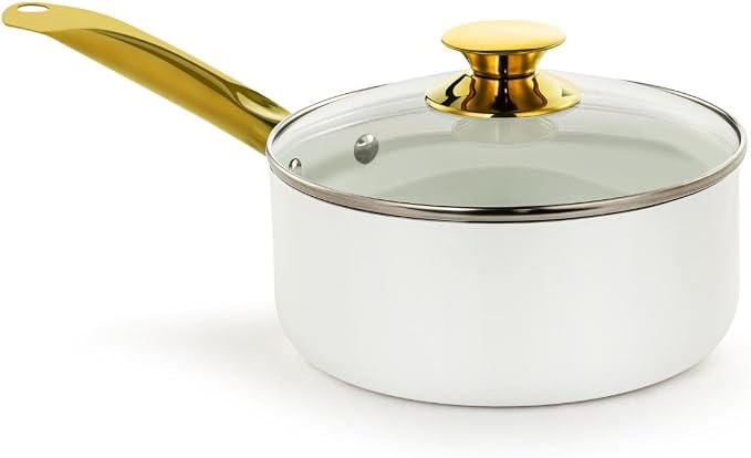 Holstein Housewares 3.5QT Ceramic Non-Stick Sauce Pan with Lid, Multipurpose Sauce Pan for Simmering & Boiling, Stainless Steel Golden Handle, Induction, Gas & Electric Compatible, White and Gold