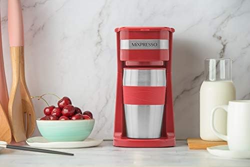 Mixpresso Single Serve & Single Cup Coffee Maker with 14oz Travel Mug Red | For ground coffee only, reusable filter, auto shut off. Compact personal drip coffee maker, not compatible with K-Cup pods.