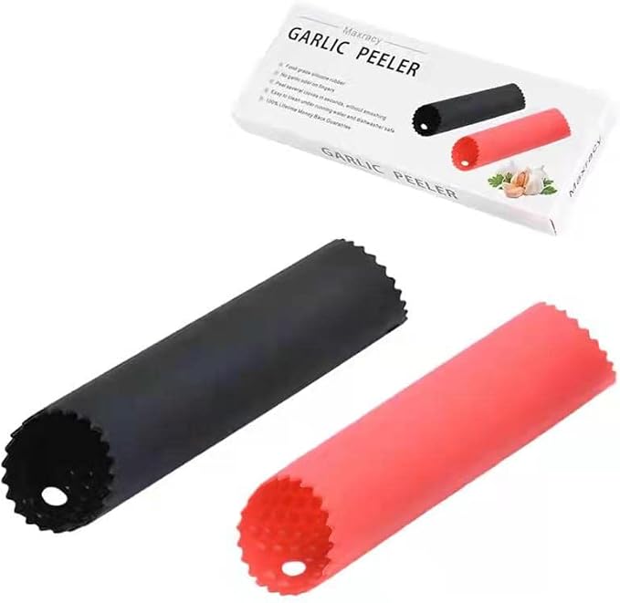 2 Set Peeler Silicone Easy Roll Tube Useful Garlic Odorfree Kitchen Tool (Red,Black)