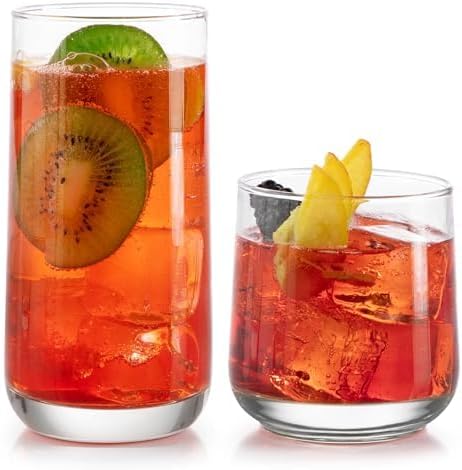 Libbey Ascent Tumbler & Rocks Drinking Glasses Set of 16, Clear Glass Cups | 16.25 oz & 12.25 oz Capacities Glasses for Water, Juice, Cocktails, and More with Curved Design and Dishwasher-Safe Care
