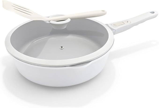 AIKENBBKK 12 Inch Deep Frying Pan Skillet with Lid, Non Stick Ceramic Frying Pans, 5 QT Nonstick Saute Pan with Detachable Handle, Compatible with All Stoves, Oven Safe, PTFE & PFAS-Free, White