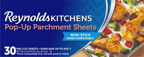 Reynolds Kitchens Pop-Up Parchment Paper Sheets, 30 Count, Fits Standard Baking Pans and Cookie Sheets, Non-Curling, Non-Stick, Pre-Cut, Oven-Safe Up to 425F, 10.75 in x 13.75 in (Pack of 2)