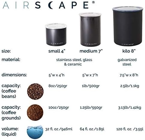 Planetary Design Airscape Stainless Steel Coffee Canister | Food Storage | Container | US Patented Inner Plunger Lid REMOVES Excess Oxygen | Don't Buy airtight, Buy AIR-Less (Medium, Brushed Steel)