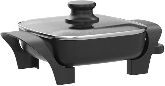 Elite Gourmet EG808 Compact Non-Stick Electric Skillet, 8"x8" 2.5Qt, Black | Tempered Glass Lid, Removable Thermostat, 200-400°F Range, Dishwasher Safe, 600W, for Eggs, Bacon & One-Pot Meals