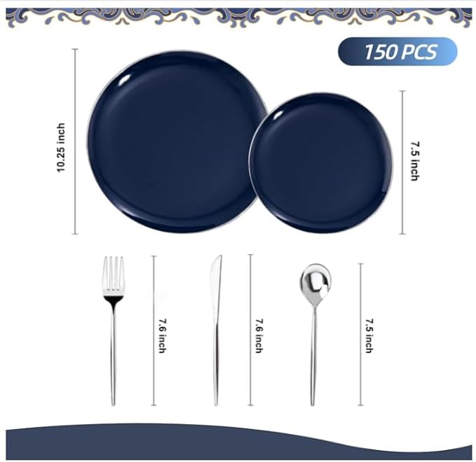 150Pcs Blue Plastic Plates, Disposable Plates with Silverware Set | Navy Blue Plastic Plates set Include 30 Dinner Plates10.25’’,30 Dessert Plates7.5’’,90 Silver Silverware Set for Party