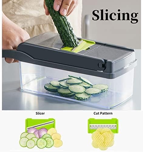Vegetable Chopper, Onion Dicer & Mandoline Slicer with Container, black | Veggie Cutter with 8 Stainless Steel Blades & Drain Basket. Fast Food Chopper for Salad, Potato, Tomato, Cucumber & Carrot