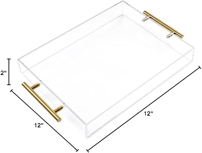 12"x12" Clear Acrylic Serving Tray with Golden Handles, Sturdy Huge Capacity Acrylic Trays for Coffee, Juice, Kitchen and Desk Organizer, Storage Tray (12"x12")
