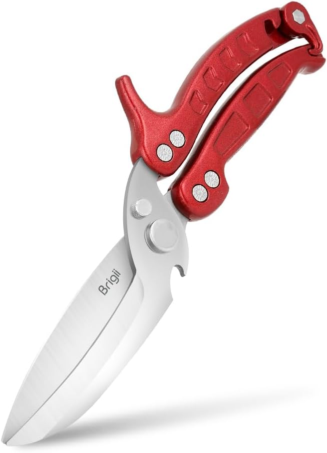 Brigii Kitchen Shears, Heavy Duty Poultry Shears, Detachable Scissors | Detachable blades, 304 stainless steel, built-in spring, safety lock, cuts bone, chicken, turkey, fish, seafood, Red