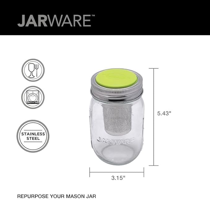 Jarware Glass Mason Jar & Tea Infuser Lid, Jar & Stainless Steel Tea Filter | Steep Loose Leaf Tea In The Regular Mouth 16oz Mason Jar Set | Brew Hot or Iced Tea At Home | Mason Jar Steeper Set