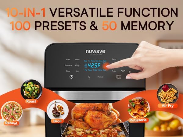 Nuwave Brio 15.5Qt Air Fryer Oven with Plug-In Grill, XL Family Size | Air Fry/Grill/Rotisserie; Even & Crisp Cooking; 100 One-Touch Presets/50 Memory; 50°F-425°F in 5°F Steps; 1800W