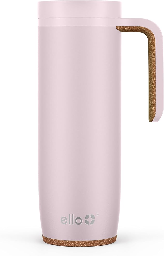 Ello Magnet 18oz Insulated Stainless Steel Travel Mug with Handle, Sonoma | Leakproof coffee tumbler with side handle and cork coaster. BPA-free, keeps drinks hot for 5 hours, great for coffee and tea.