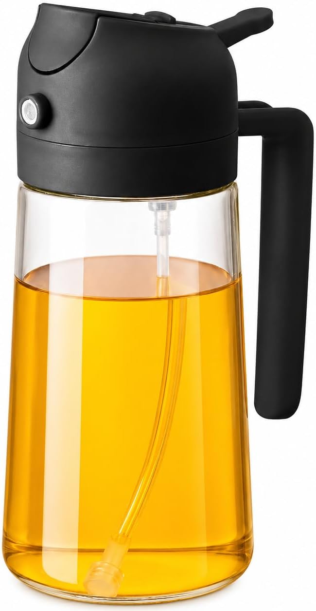 Oil Sprayer for Cooking, 2 in 1 Glass Olive Oil Dispenser and Spray Bottle, Fine Mist Olive Oil Mister with Pour Spout, One-Hand Kitchen Oil Dispenser for Salad, Veggies, Grilling