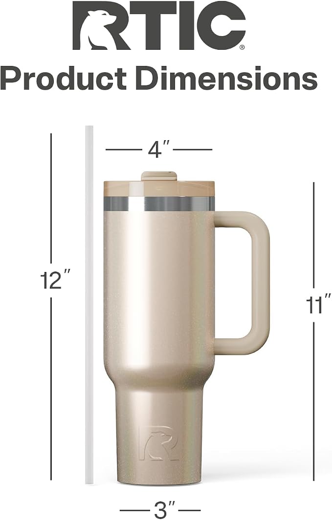 RTIC 40oz Road Trip Tumbler, Insulated, Ceramic Lined, Beach Glitter | with Lid, Handle and Straw, Stainless Steel Metal Cup, Portable for Hot and Cold Drinks, Coffee, Car, Camping, Travel