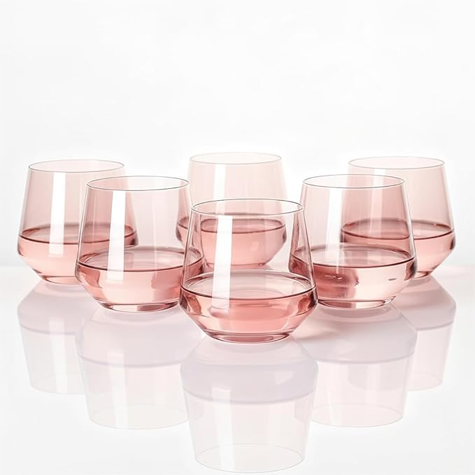 Stemless Wine Glasses Set 6 - Peach Color Stemless Wine Glasses - 14oz Tumbler - Peach Glassware for Wine or Soft Drinks - Unique Valentine's Day Gifts