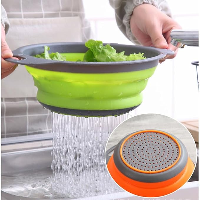 Collapsible Colander Set of 2, Space Saving Foldable Kitchen Strainer Baskets with Non-Slip Base, Thickened PP+TPE Collapsible Strainers for Pasta, Vegetables, Fruits, Rice (Green)